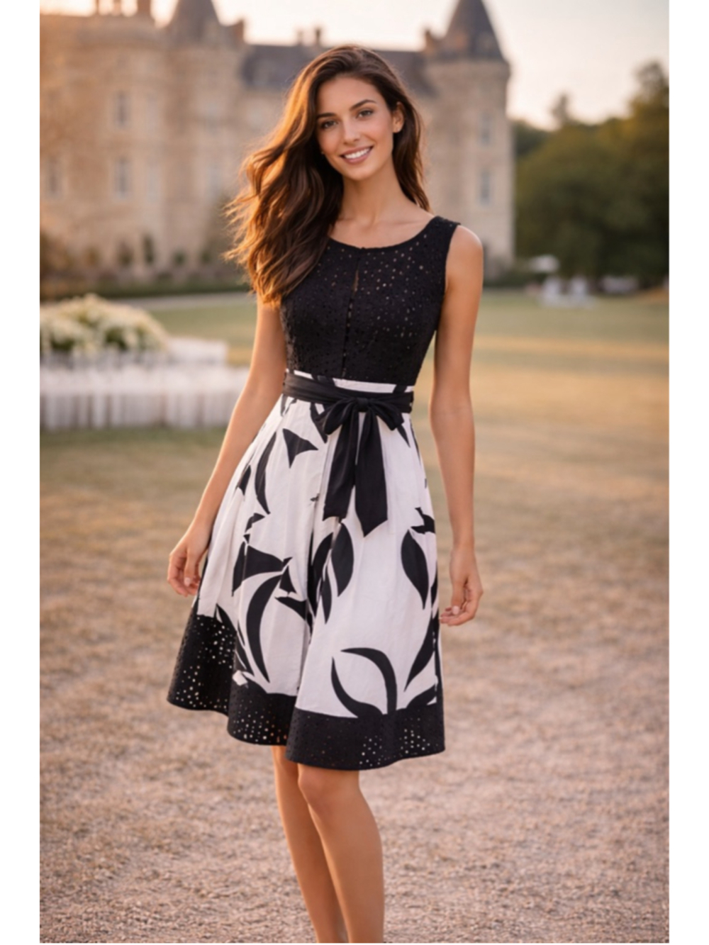 DBY Black White Eyelet Midi Dress Belted Romantic Cottagecore 10 Quiet Luxury